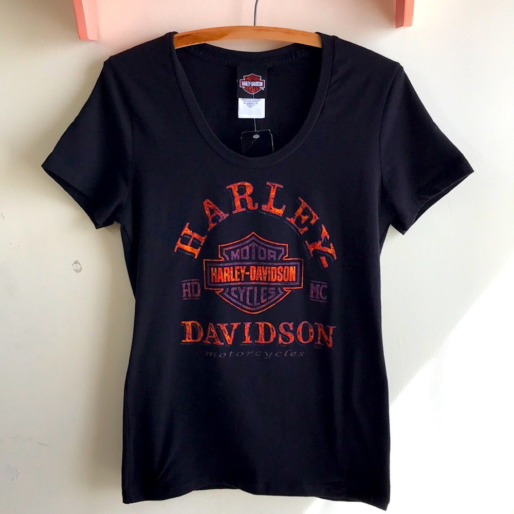 NWT Harley-Davidson Tee St Paul MN Bar & shield scoop neck capped sleeves black